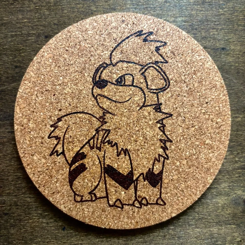 Pokemon Growlithe Laser Engraved Cork Coaster